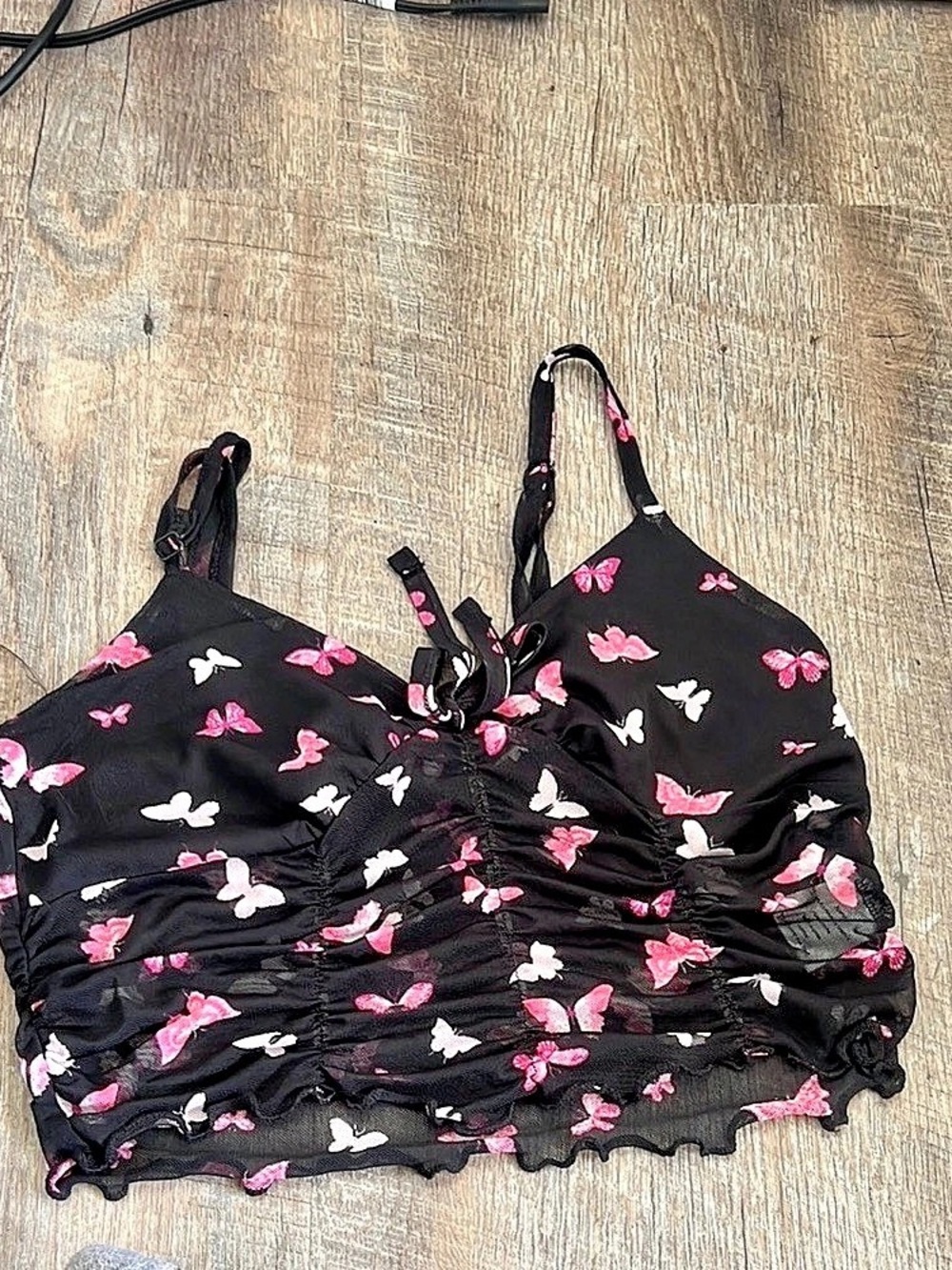 Butterfly Print Ruched Camisole in Black & Pink Like New